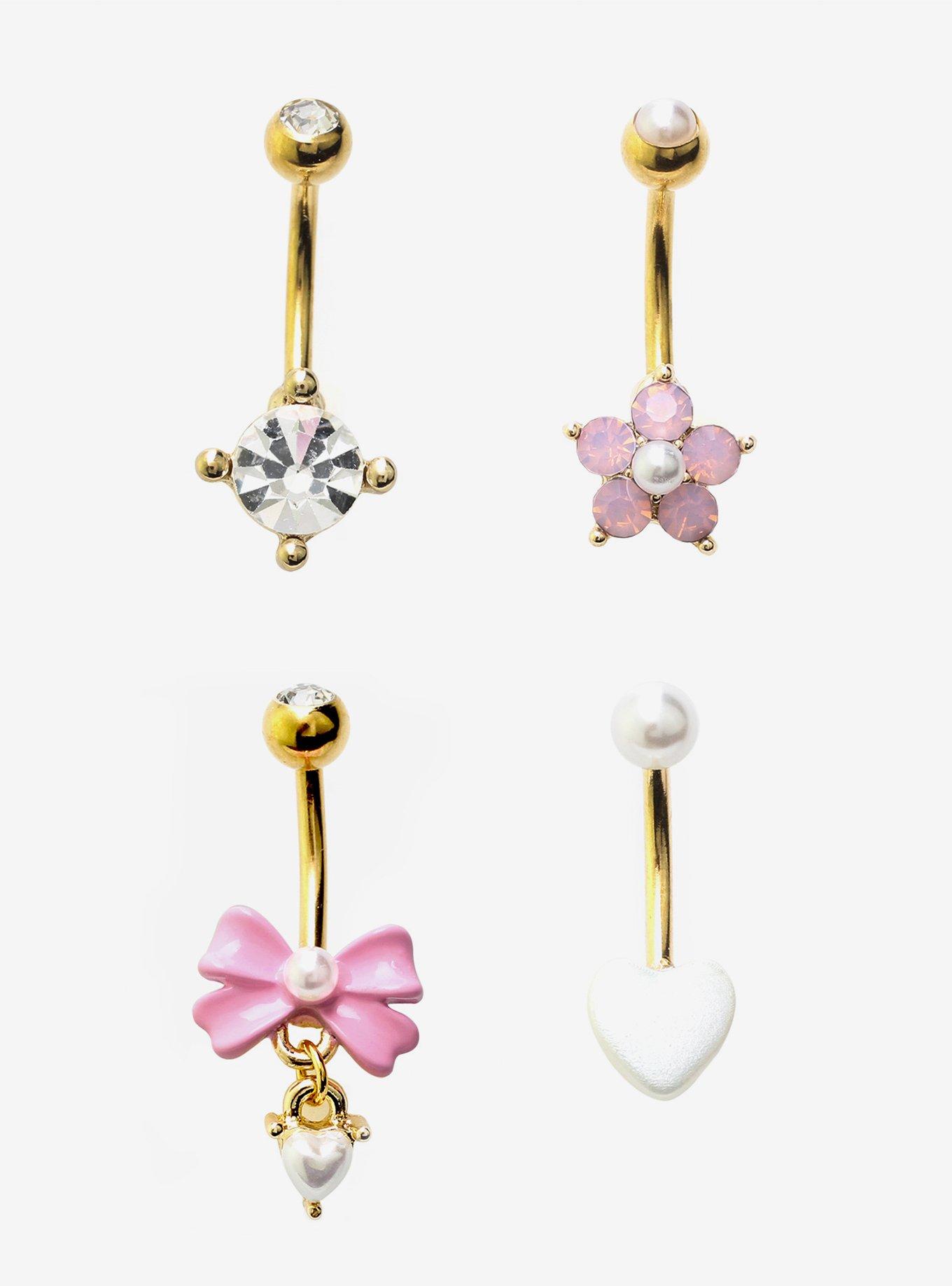 Steel Pink Bow Flower Navel Barbell 4 Pack, , hi-res