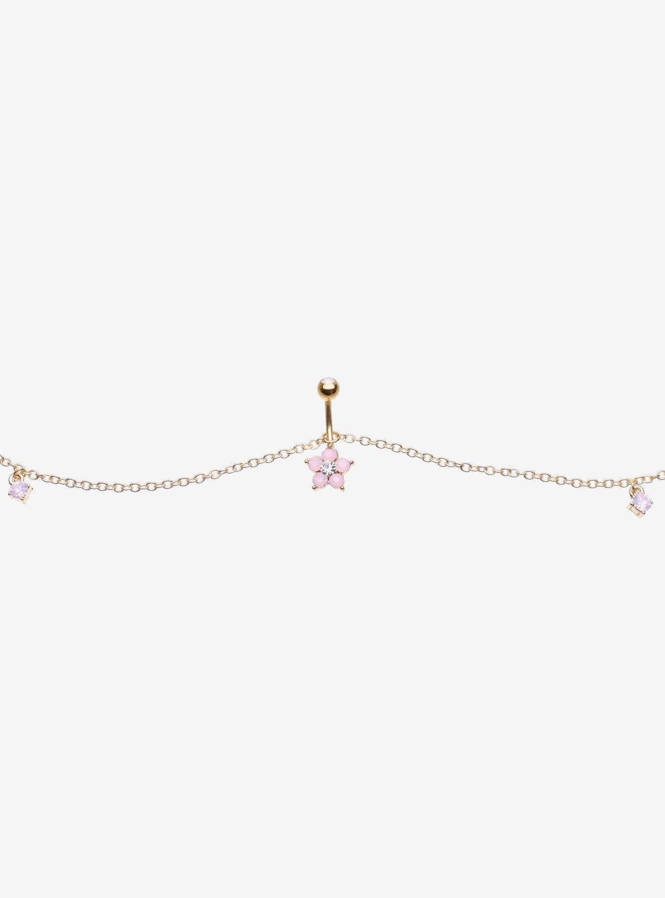 Steel Pink Flower Navel Barbell & Belly Chain, , hi-res