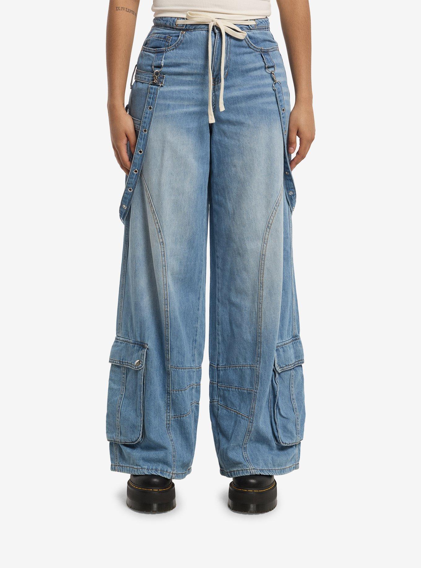 Social Collision Strappy Suspender Wide Leg Cargo Jeans, , hi-res