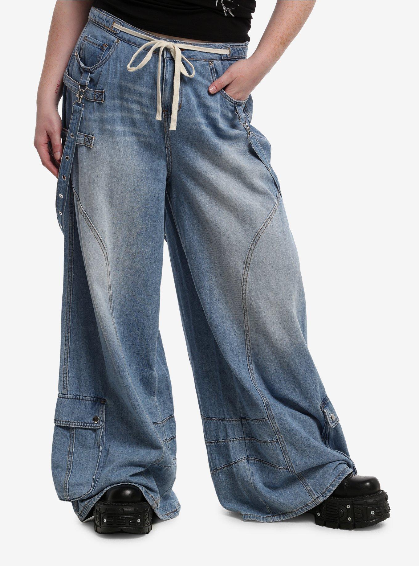 Social Collision Strappy Suspender Wide Leg Cargo Jeans Plus Size, , hi-res