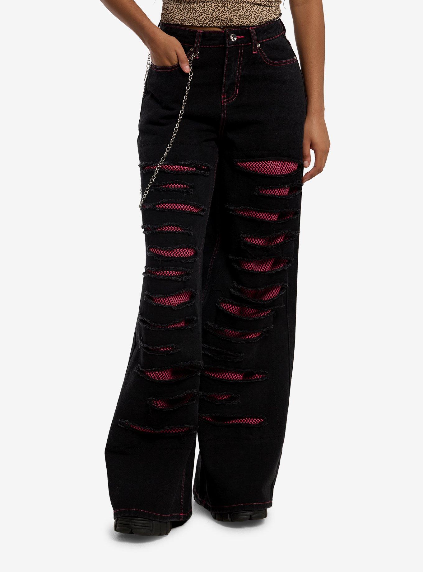 Social Collision Black & Magenta Fishnet Distressed Jeans With Side Chain, , hi-res