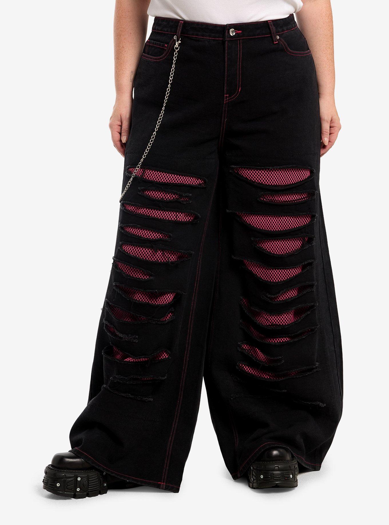 Social Collision Black & Magenta Fishnet Distressed Jeans With Side Chain Plus Size, , hi-res