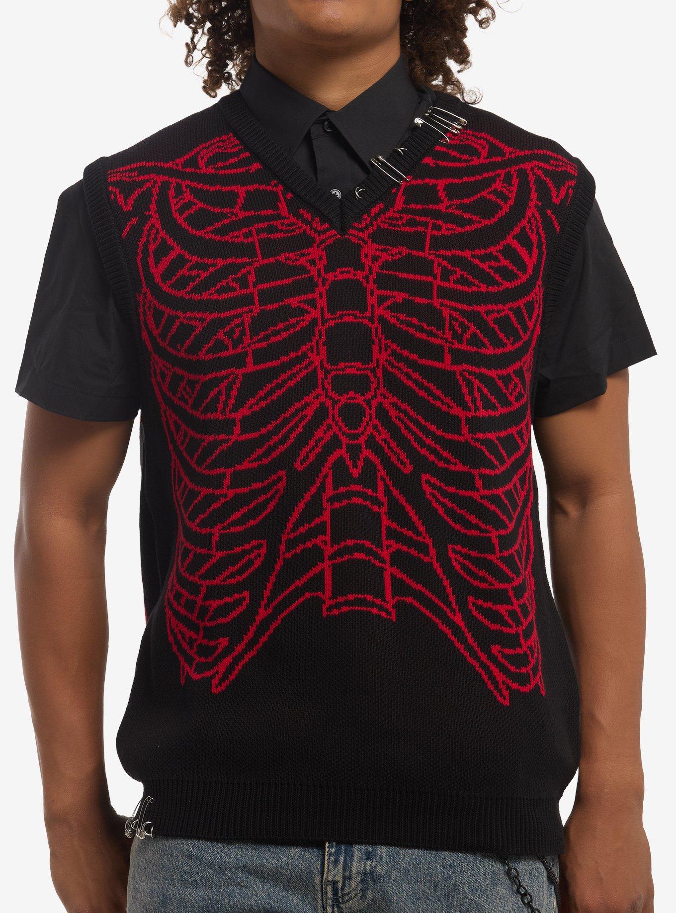 Black & Red Rib Cage Sweater Vest, , hi-res