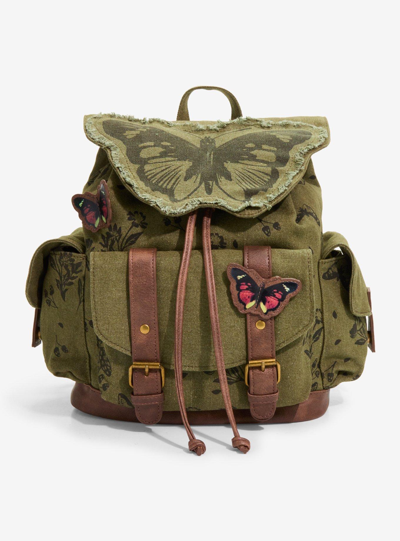 brown leather backpack with embroidered butterflies Restyle Gothic - Cinnamora Moth Embroidered butterfly patch Hand-Painted Monarch Butterfly Pink Cone