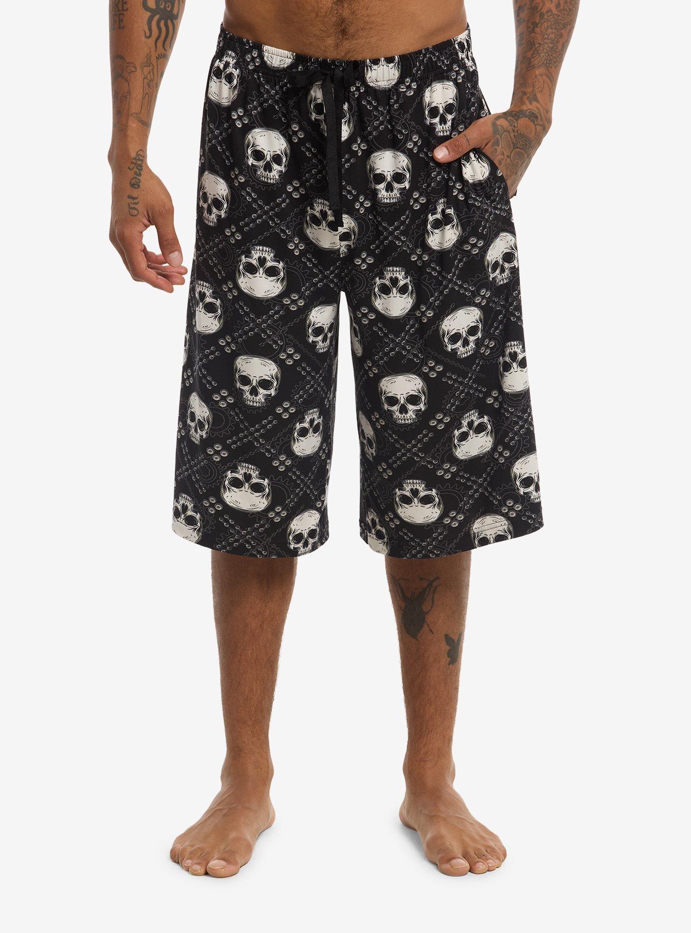 Black & Grey Skull Plaid Lounge Jorts, , hi-res