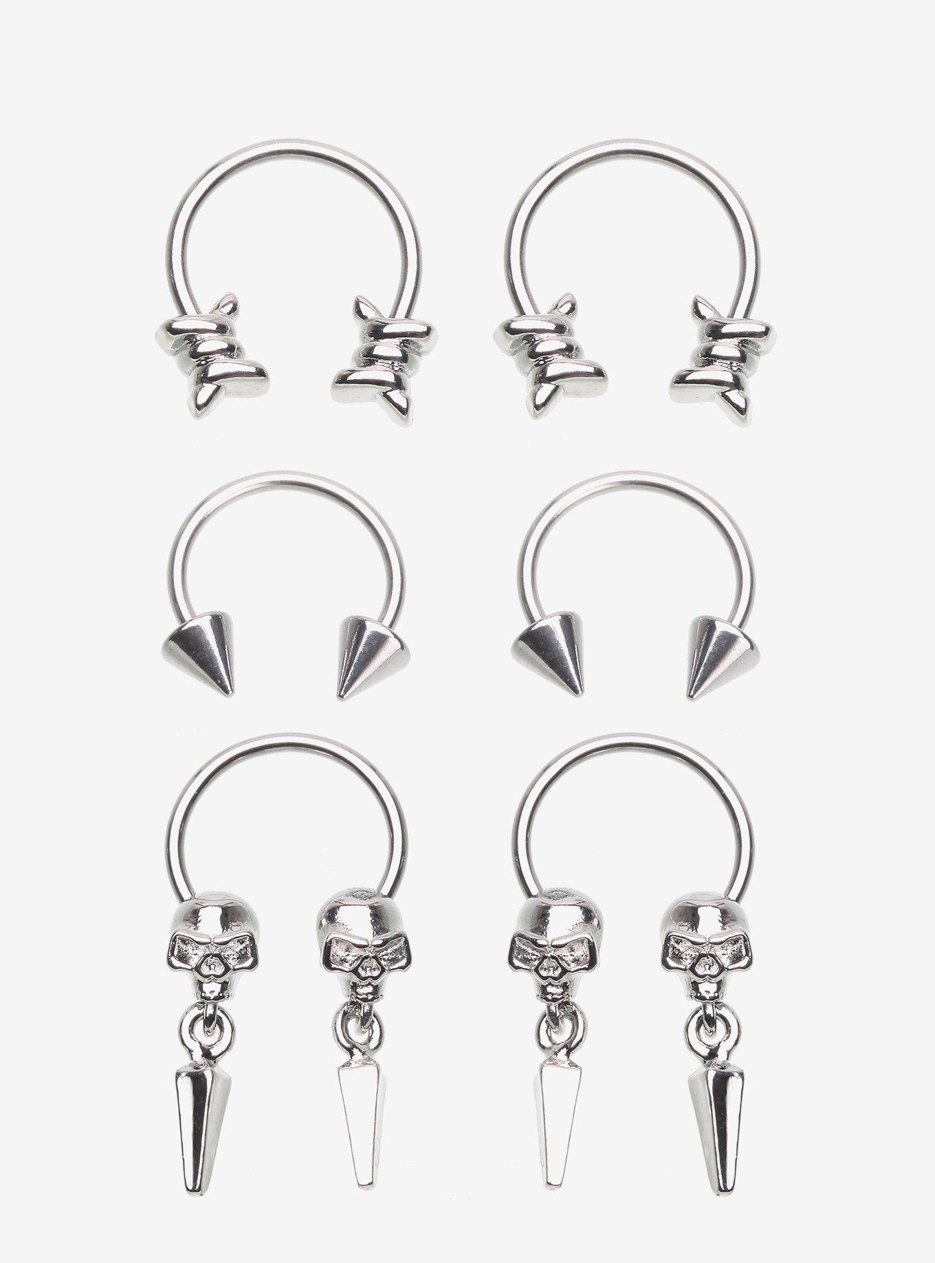 Steel Silver Barbed Wire Spike Skull Circular Barbell 6 Pack, , hi-res