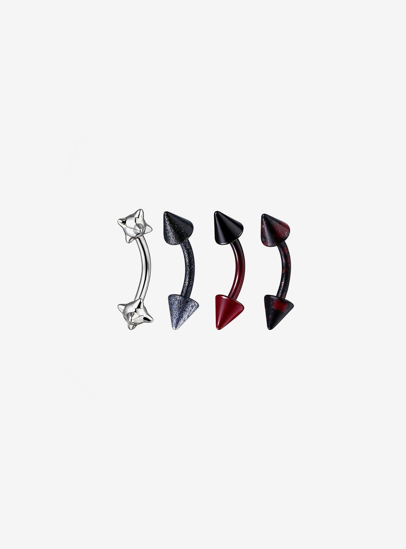 Steel Black & Red Spike Eyebrow Barbell 4 Pack, , hi-res
