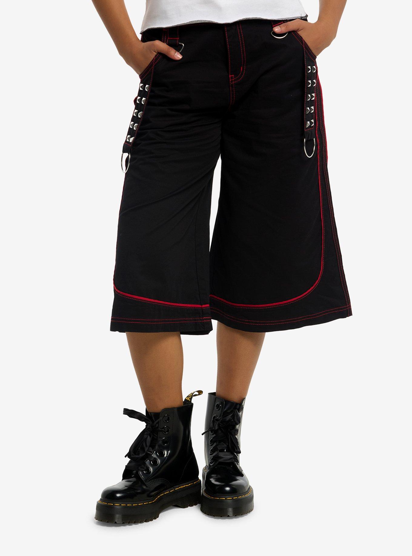 Social Collision Black & Red Stitch Hardware Wide Leg Jorts, , hi-res