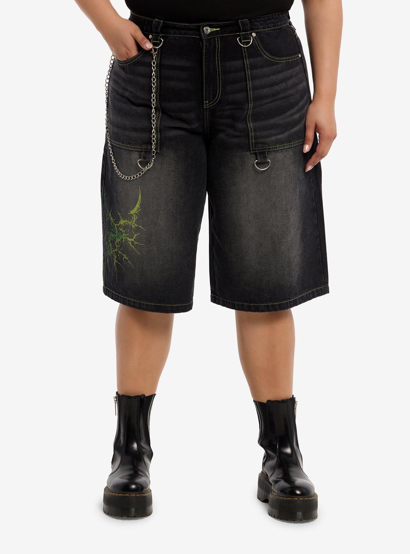 Social Collision Black & Red Stitch Hardware Wide Leg Jorts Plus Size, , hi-res