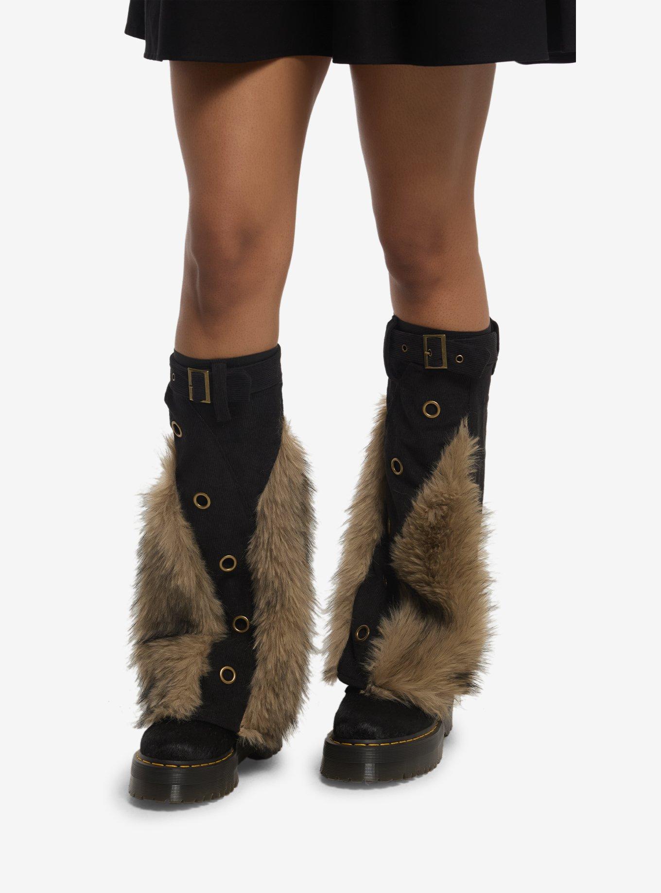Black & Brown Furry Grommet Flare Leg Warmers, , hi-res