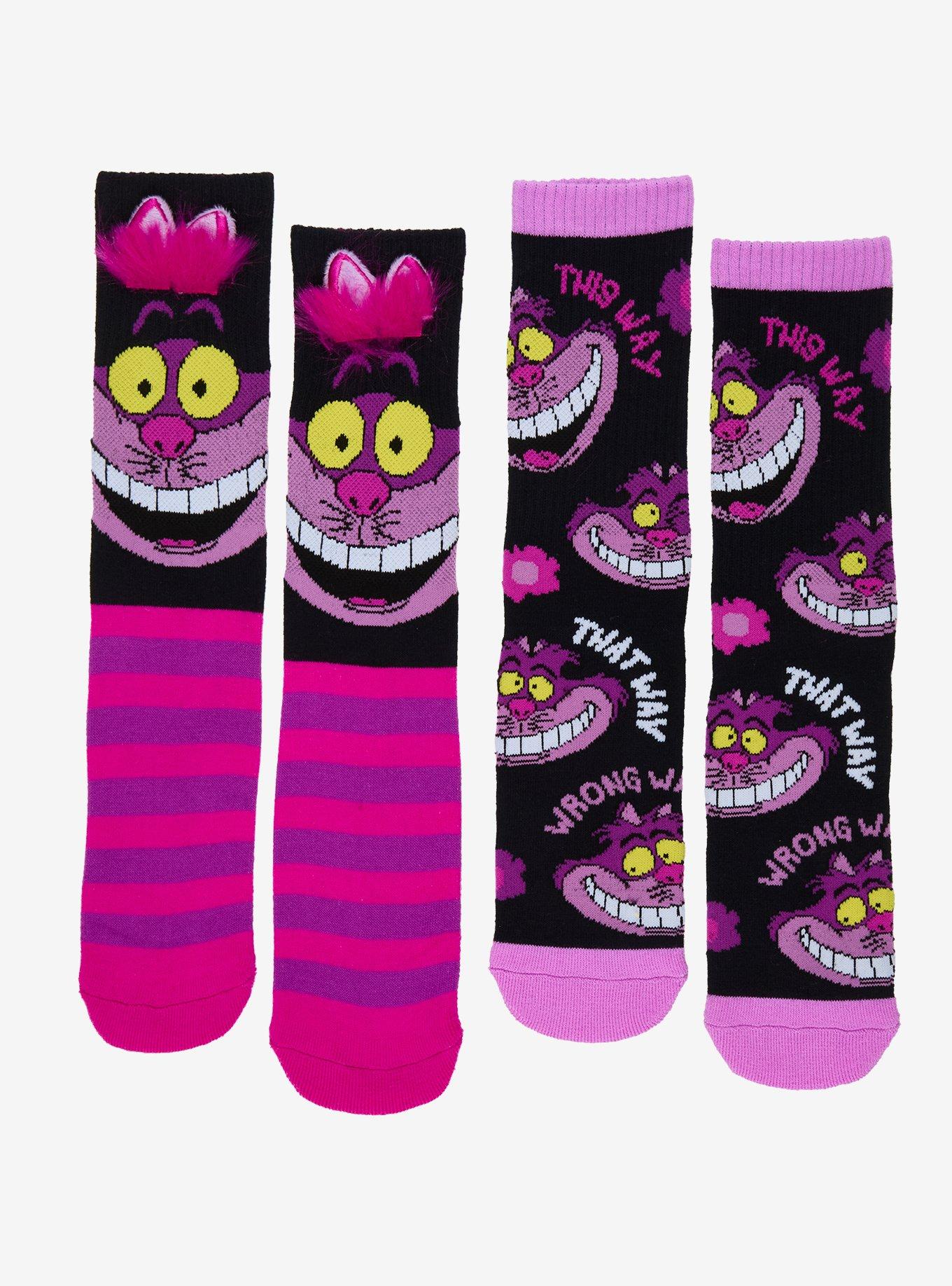Disney Alice In Wonderland Chesire Cat Fuzzy Ear Crew Socks 2 Pair, , hi-res