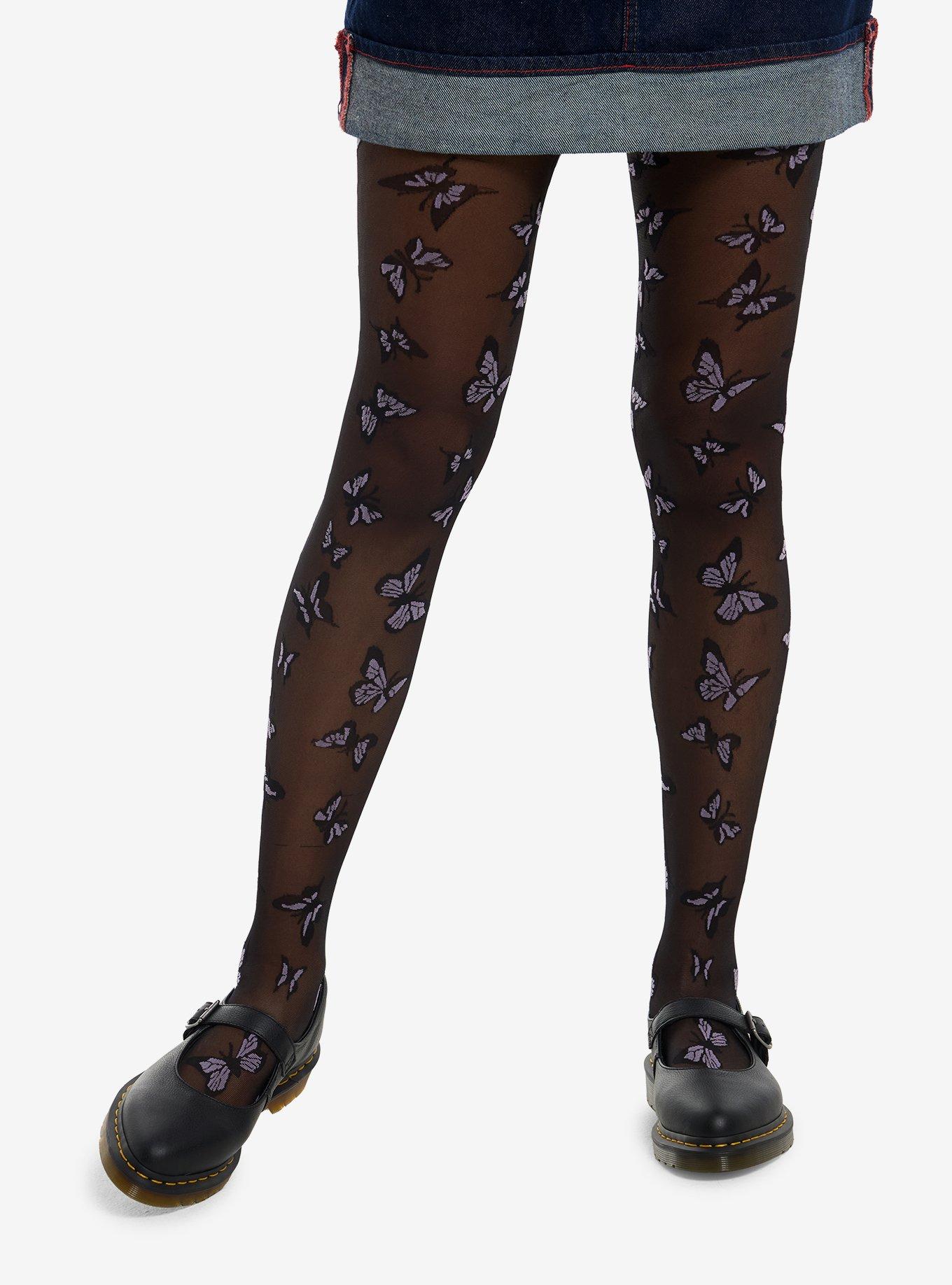 Black & Lavender Butterfly Tights, , hi-res