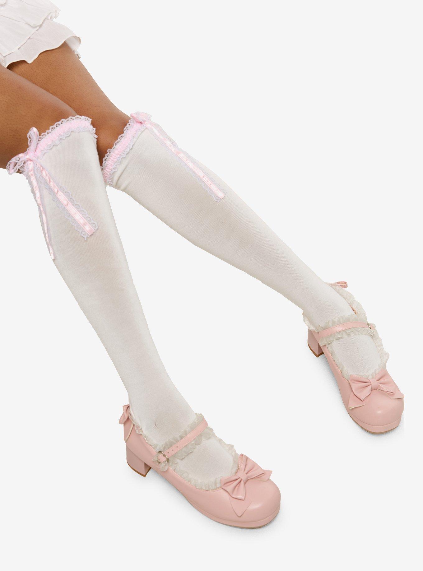 White & Pink Ruffle Thigh-High Socks, , hi-res