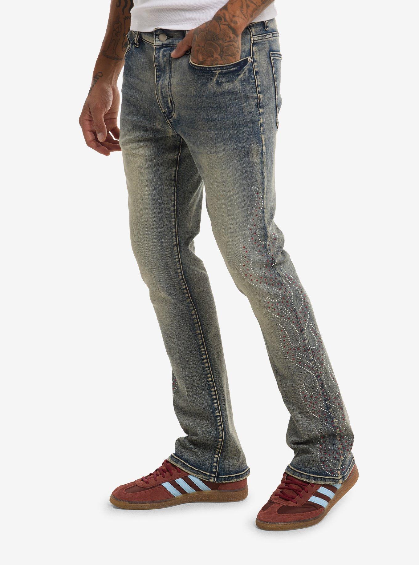 Rhinestone Flame Skinny Flared Jeans, , hi-res