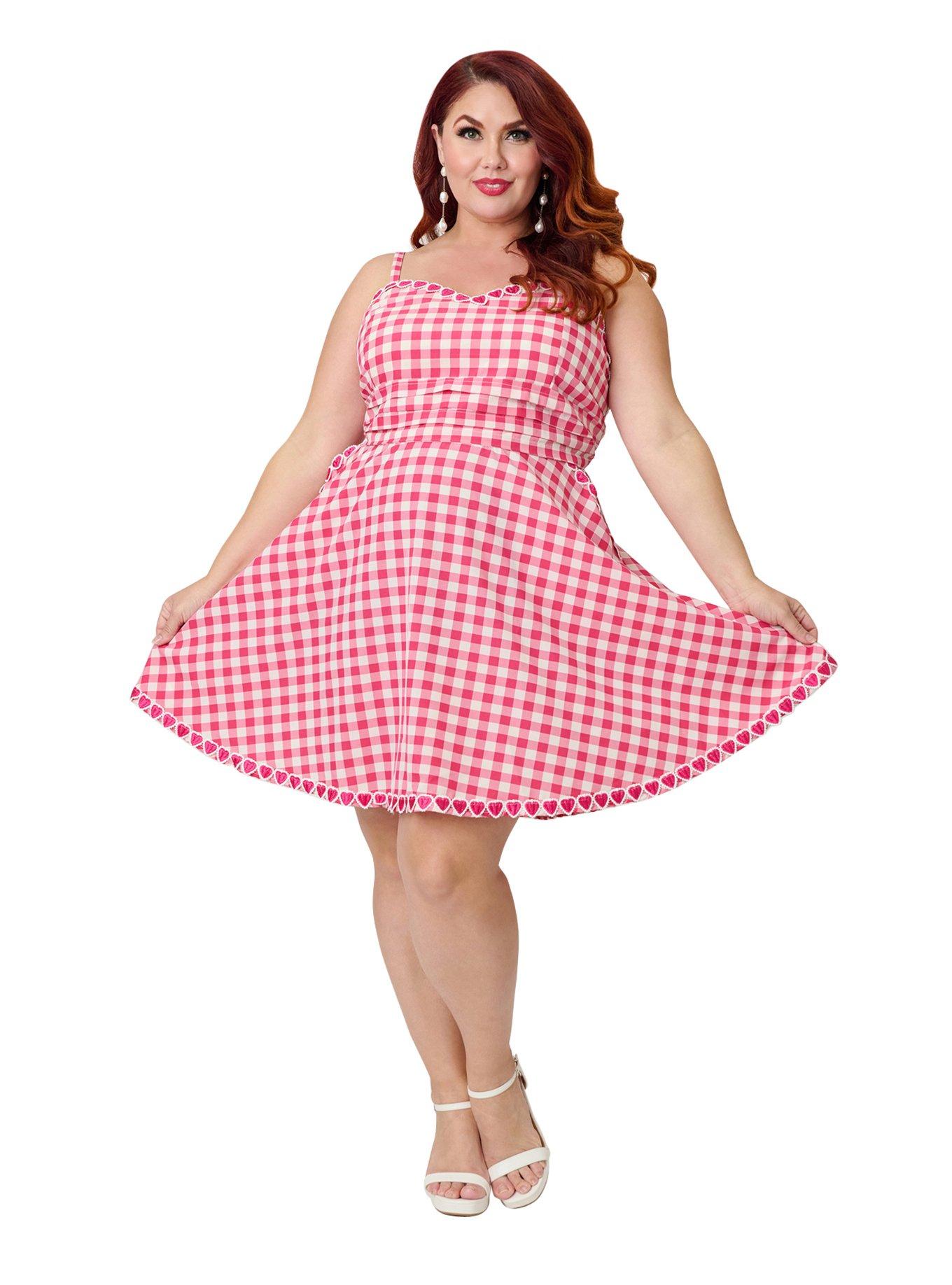 Unique Vintage Plus Size Hot Pink Gingham Follow Your Heart Flare Dress, , hi-res