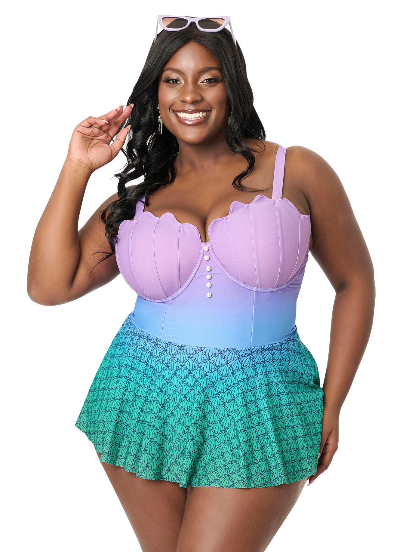Disney Princess Collection by Unique Vintage Plus Size Mermaid Ombre Skirted One Piece Ariel Swimsuit, , hi-res