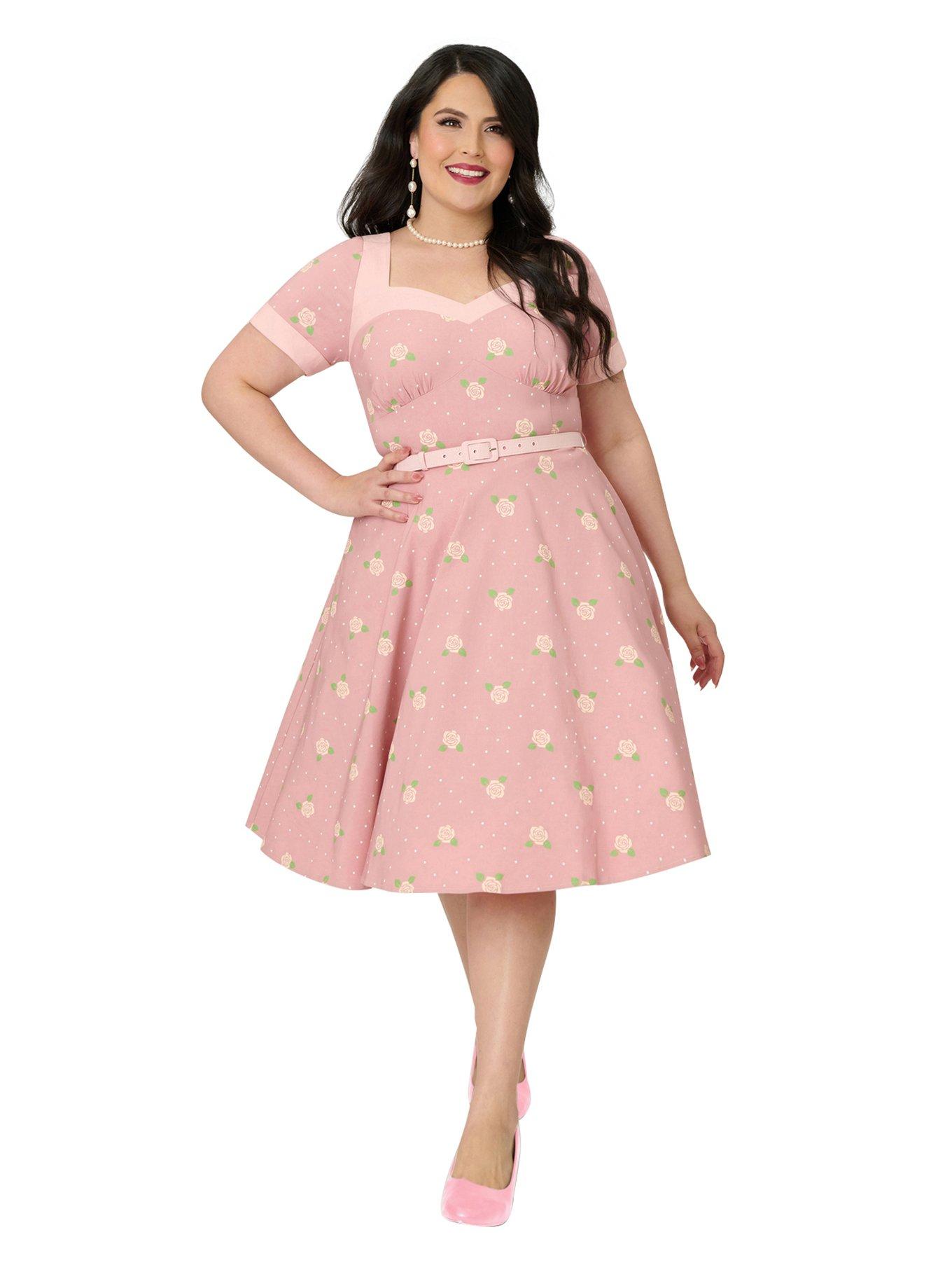 Unique Vintage Plus Size Light Pink & Roses Swing Dress, , hi-res