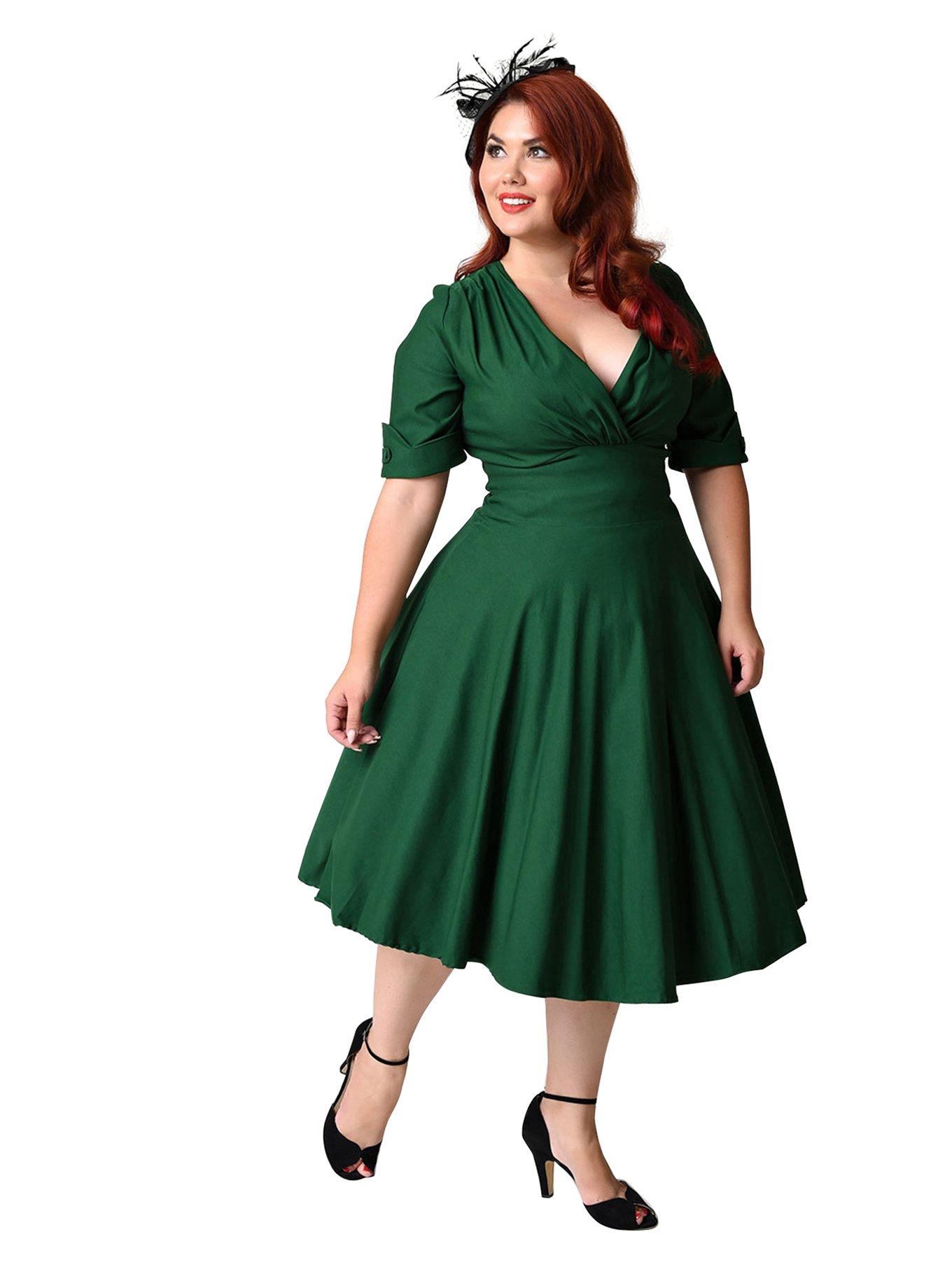 Unique Vintage Plus Size Emerald Green Delores Swing Dress with Sleeves, , hi-res