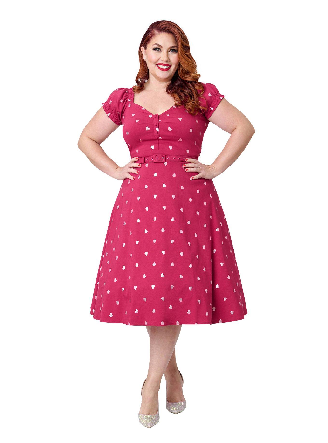 Unique Vintage Plus Size Pink Heart Ohara Swing Dress, , hi-res
