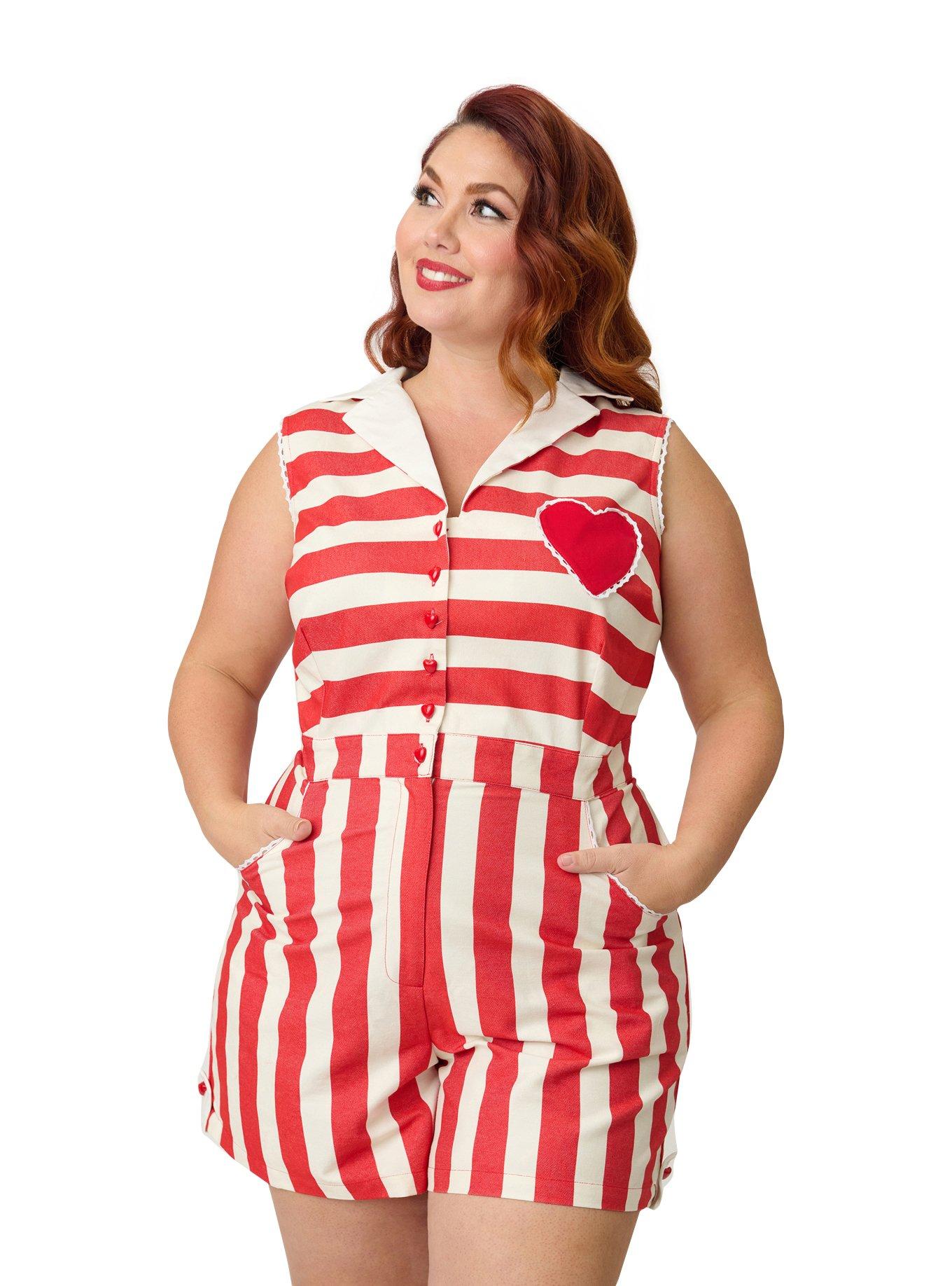 Unique Vintage Plus Size Unique Vintage Red & Ivory Striped Shelby Romper, , hi-res