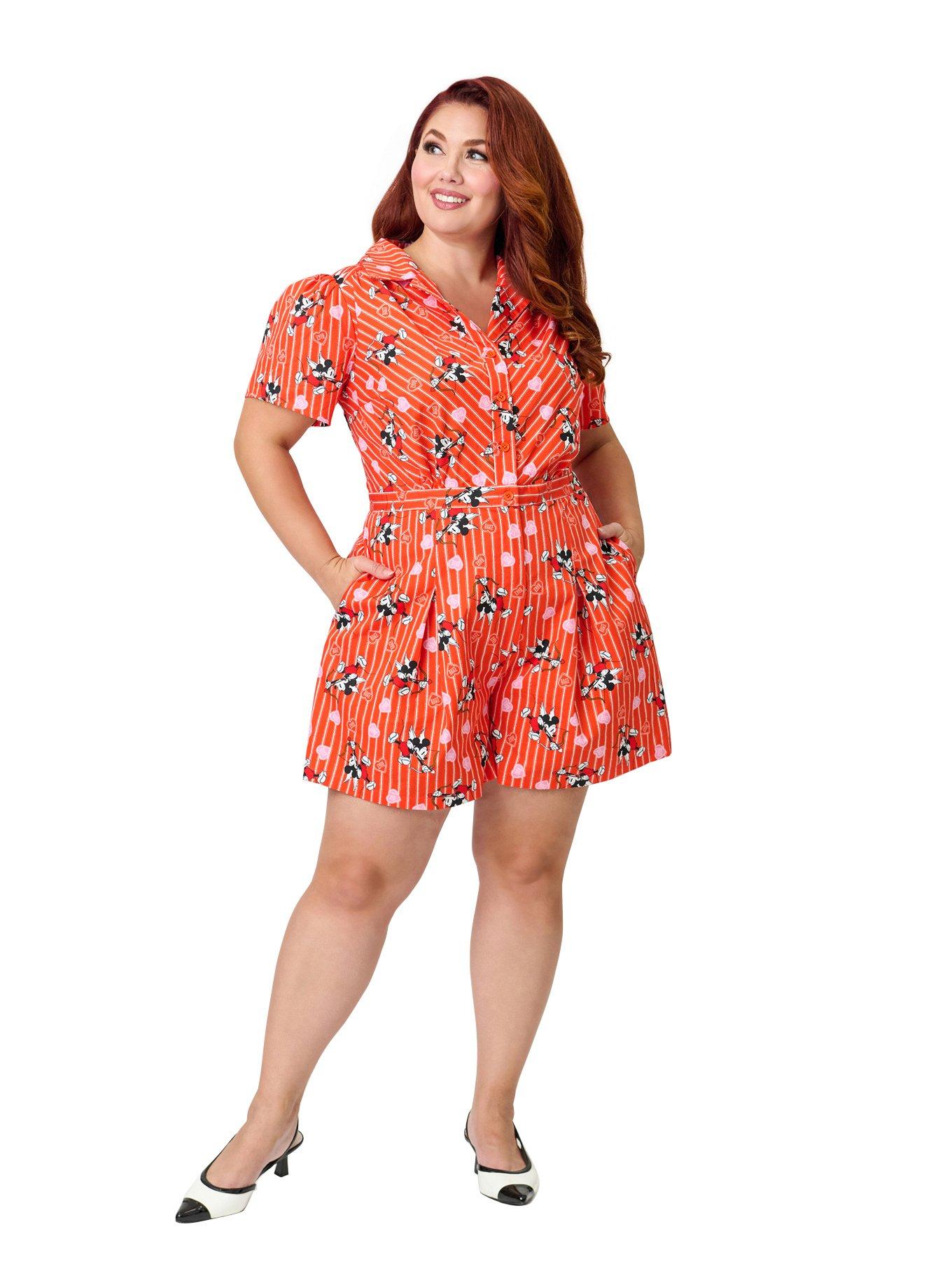 Disney Mickey & Friends Collection by Unique Vintage Plus Size Red Striped Cupid Mickey Cotton Romper, , hi-res