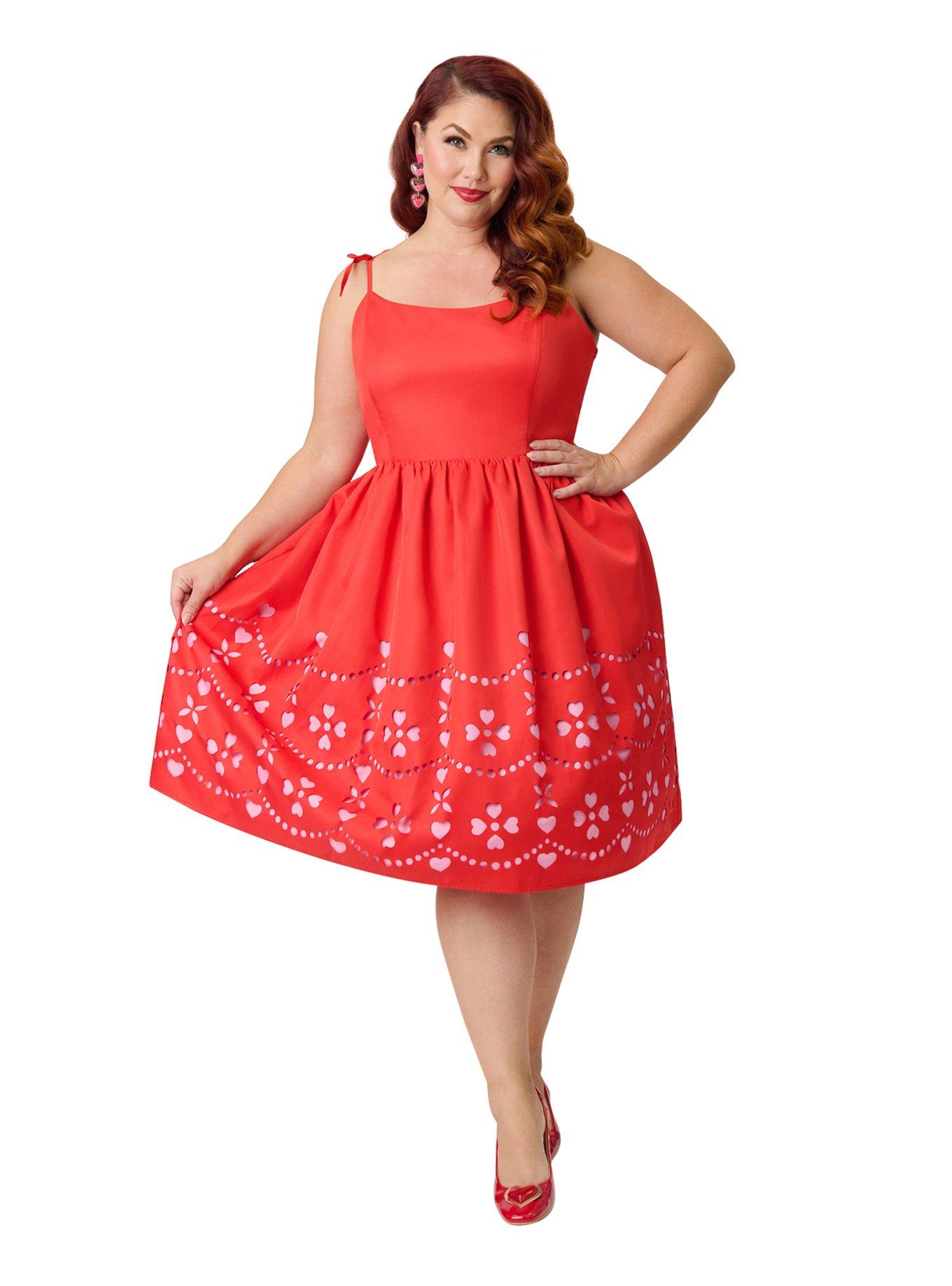 Unique Vintage Plus Size Red & Pink Hearts Cutout Swing Dress, , hi-res