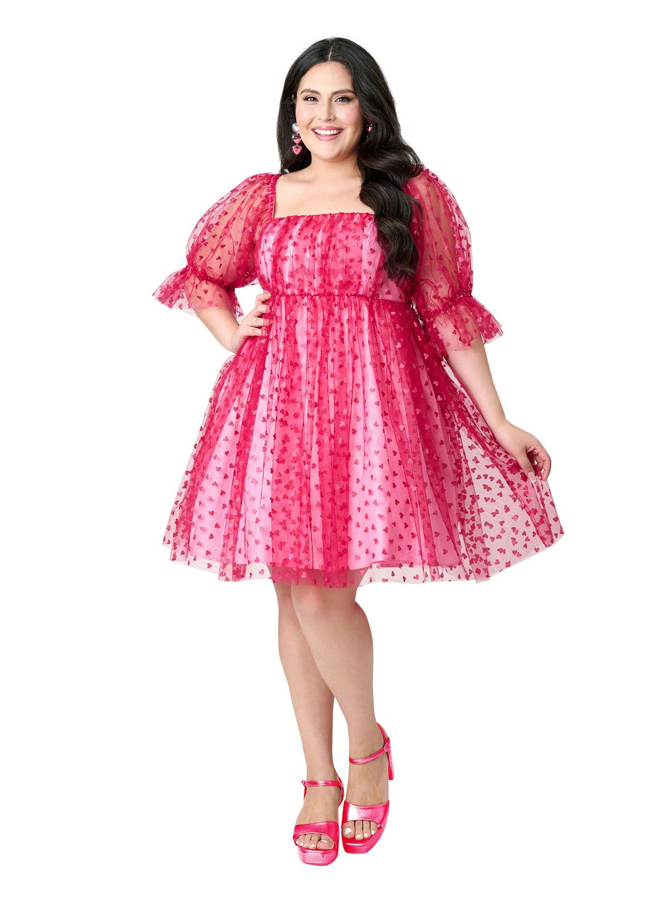 Smak Parlour Plus Size Hot Pink Glitter Hearts Love Interest Babydoll Dress, , hi-res