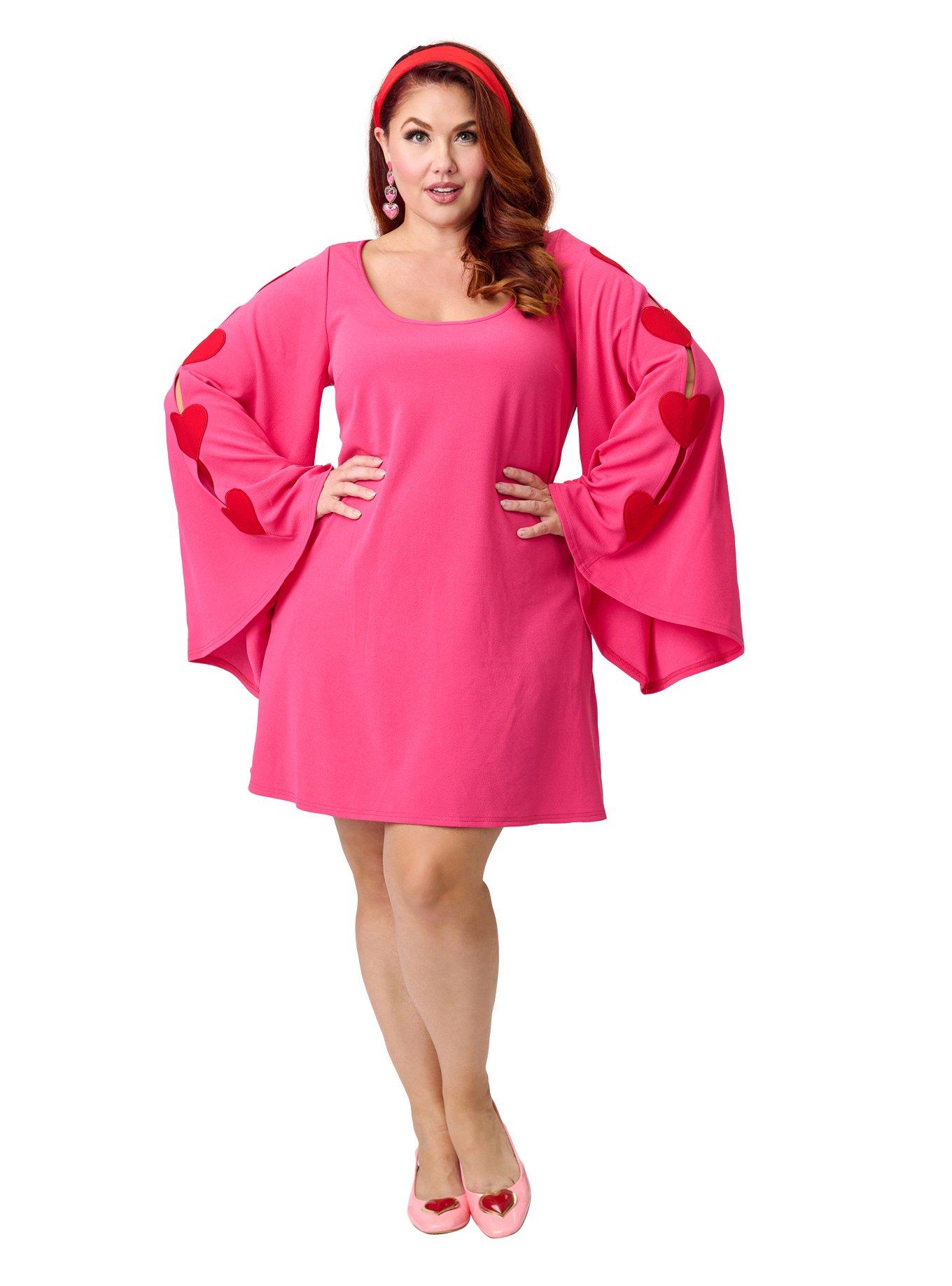 Smak Parlour Plus Size Hot Pink Heart Cutout Bell Sleeve Mini Dress, , hi-res