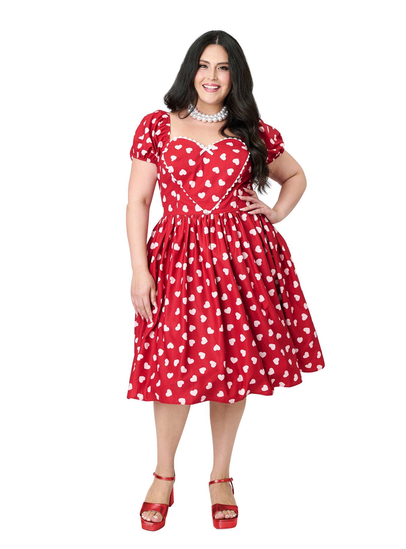 Unique Vintage Plus Size 1950s Red & Pink Heart Convertible Sweetheart Dress, , hi-res
