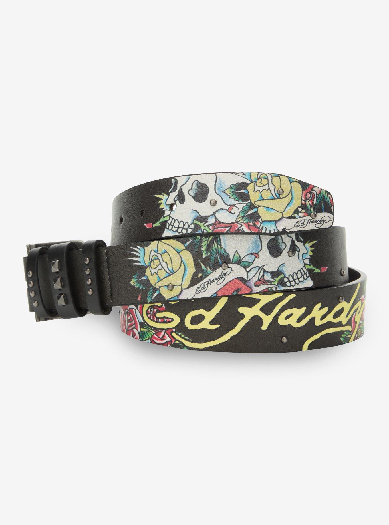 Ed Hardy vintage belt 100% leather tattoo skull & logo y2k crystal buckle Ed Hardy Belt. Y2K 2000s chrome skull rhinestone... | Depop main image 2