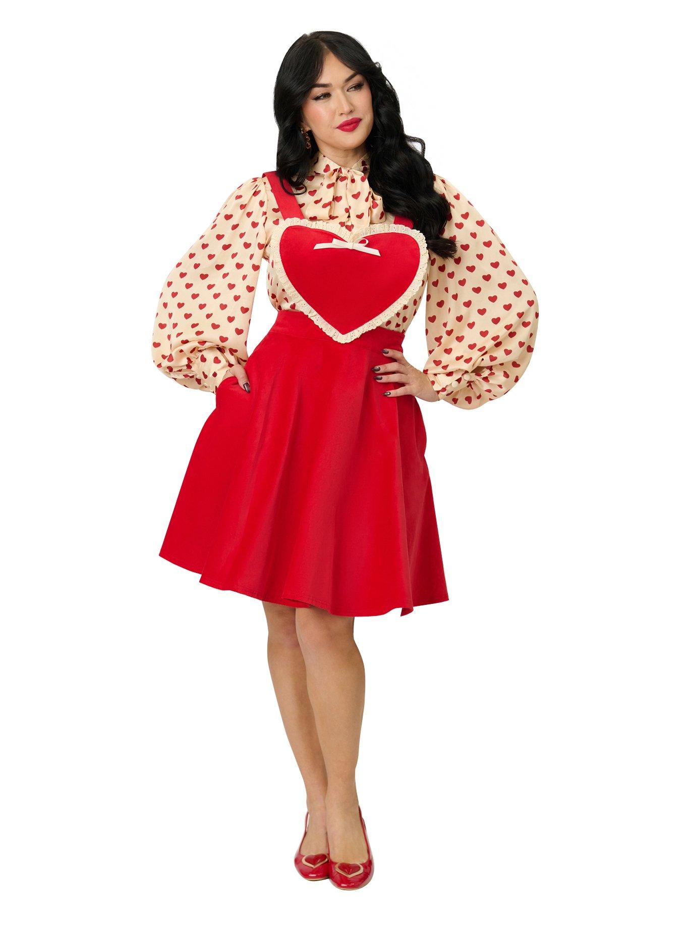 Unique Vintage Red Heart Bib Pinafore Skirt, , hi-res