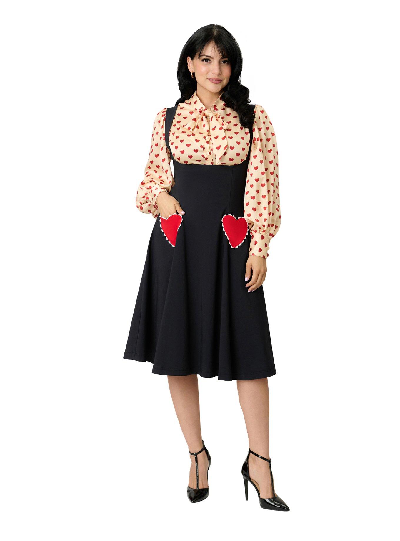 Unique Vintage Black & Red Heart Amma Swing Skirt, , hi-res