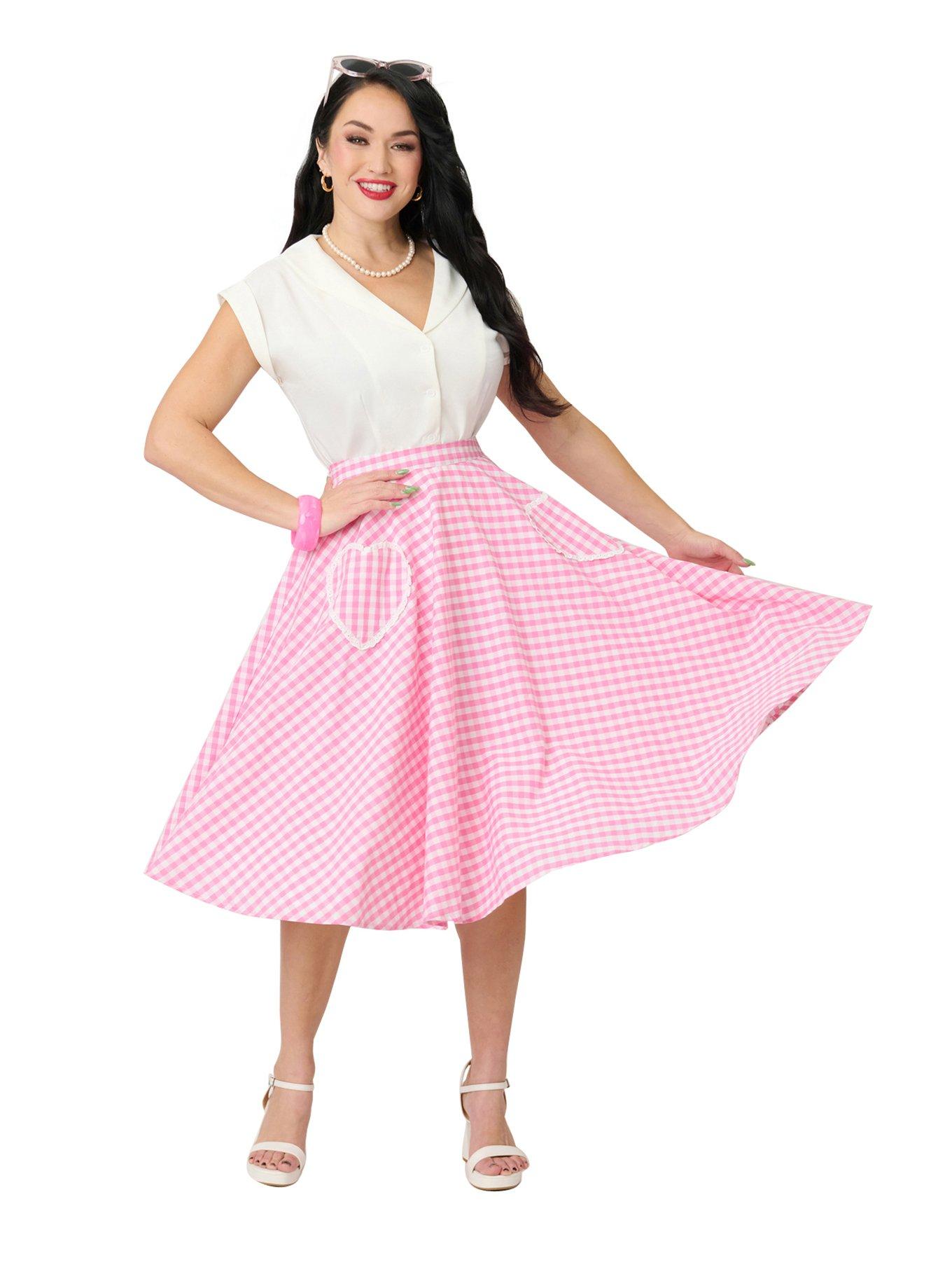 Unique Vintage Pink Gingham Sally Swing Skirt, , hi-res