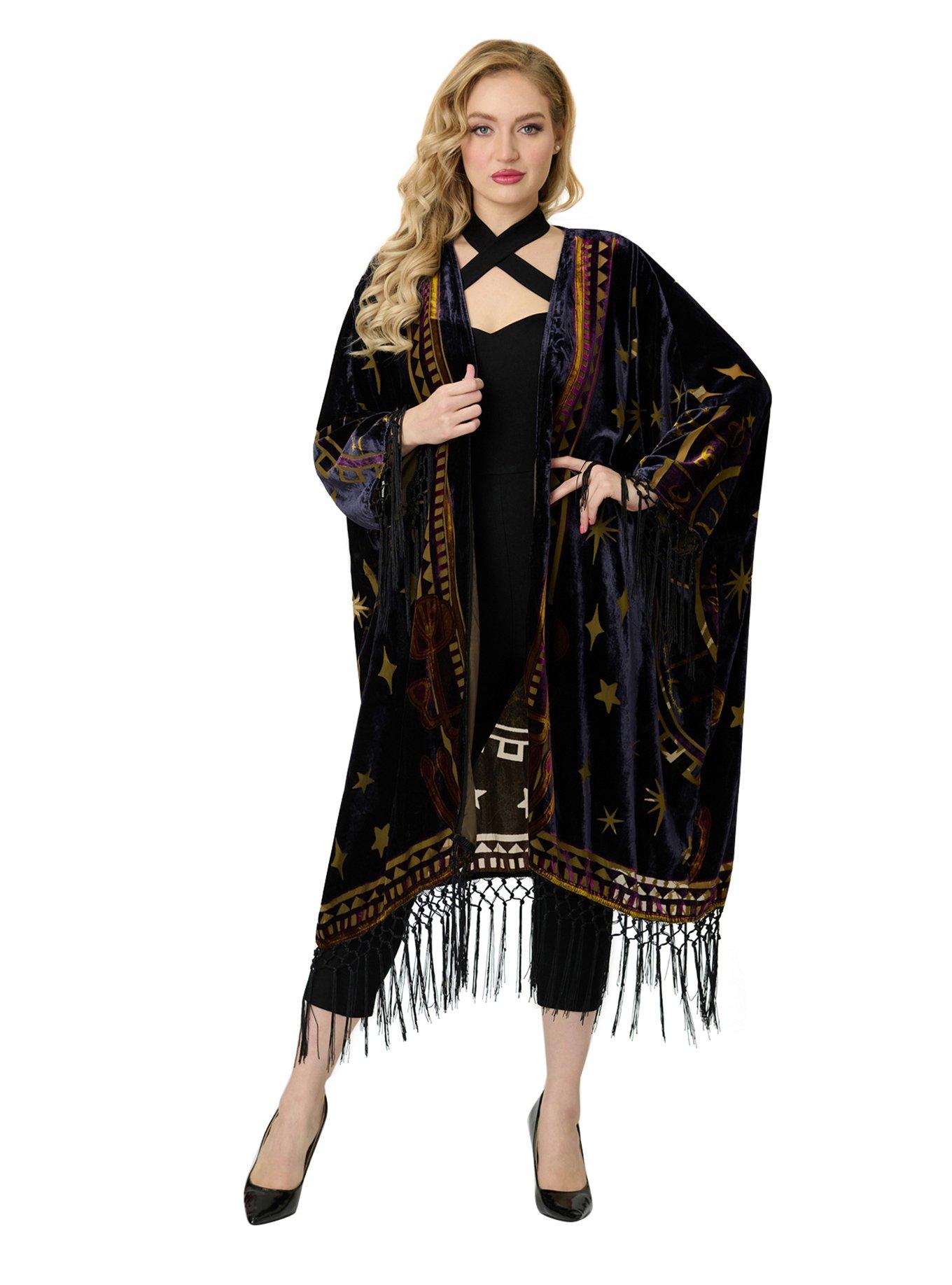 Unique Vintage Plus Size Purple & Gold Velvet Zodiac Fringe Kimono, , hi-res