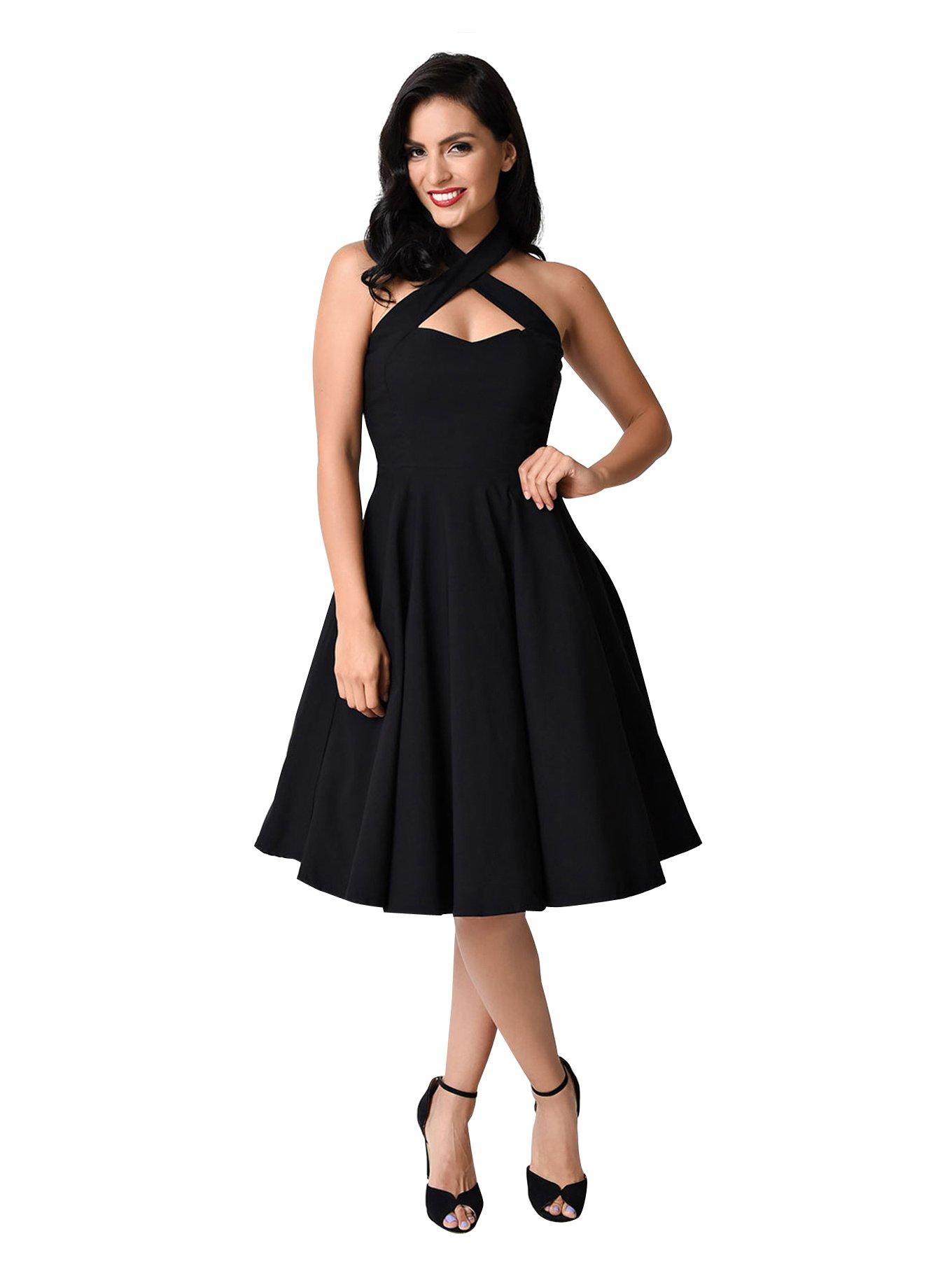 Unique Vintage Black Criss Cross Halter Rita Flare Dress, , hi-res