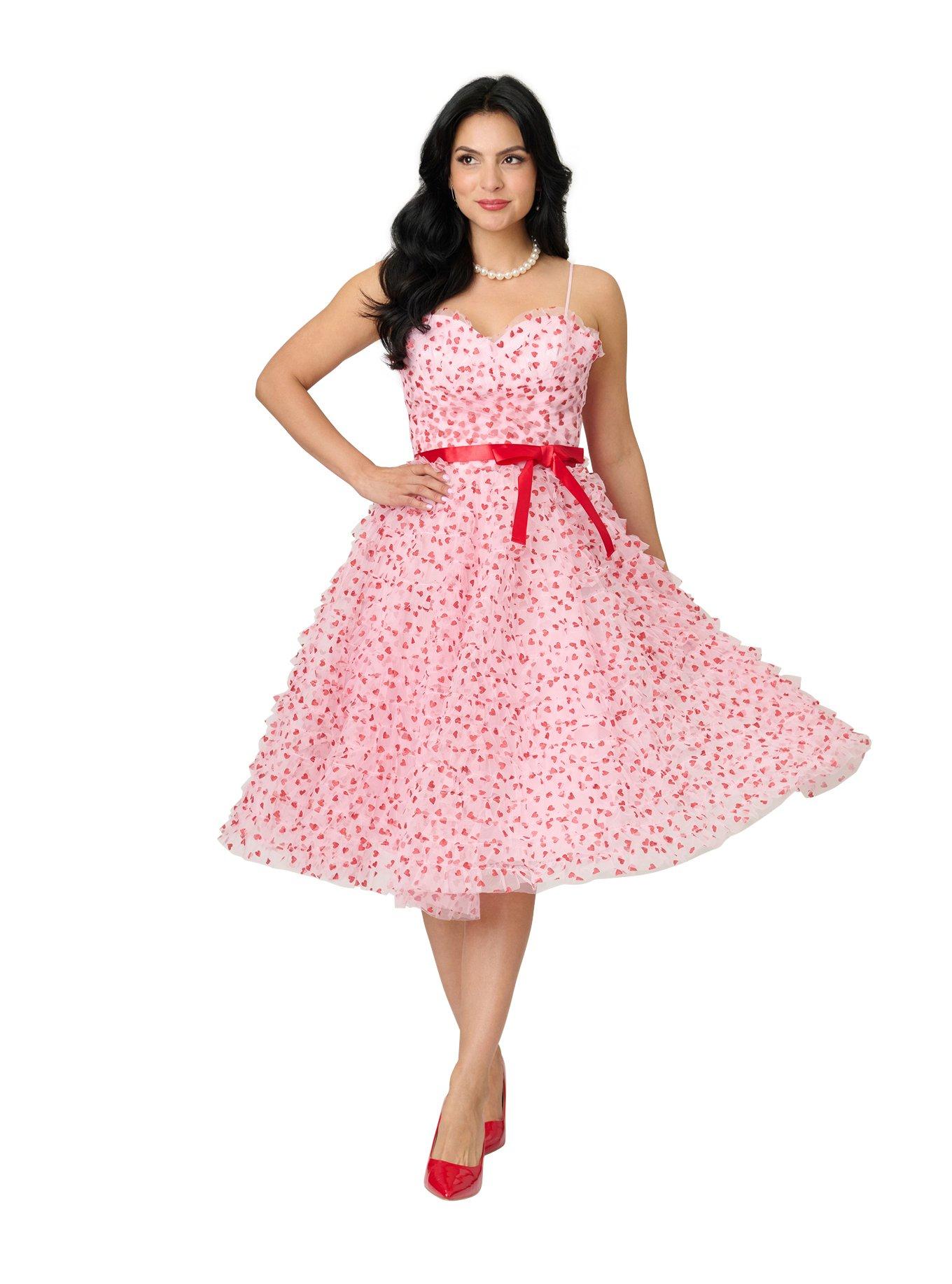 Unique Vintage Pink & Red Glitter Heart Tulle Cupcake Swing Dress, , hi-res