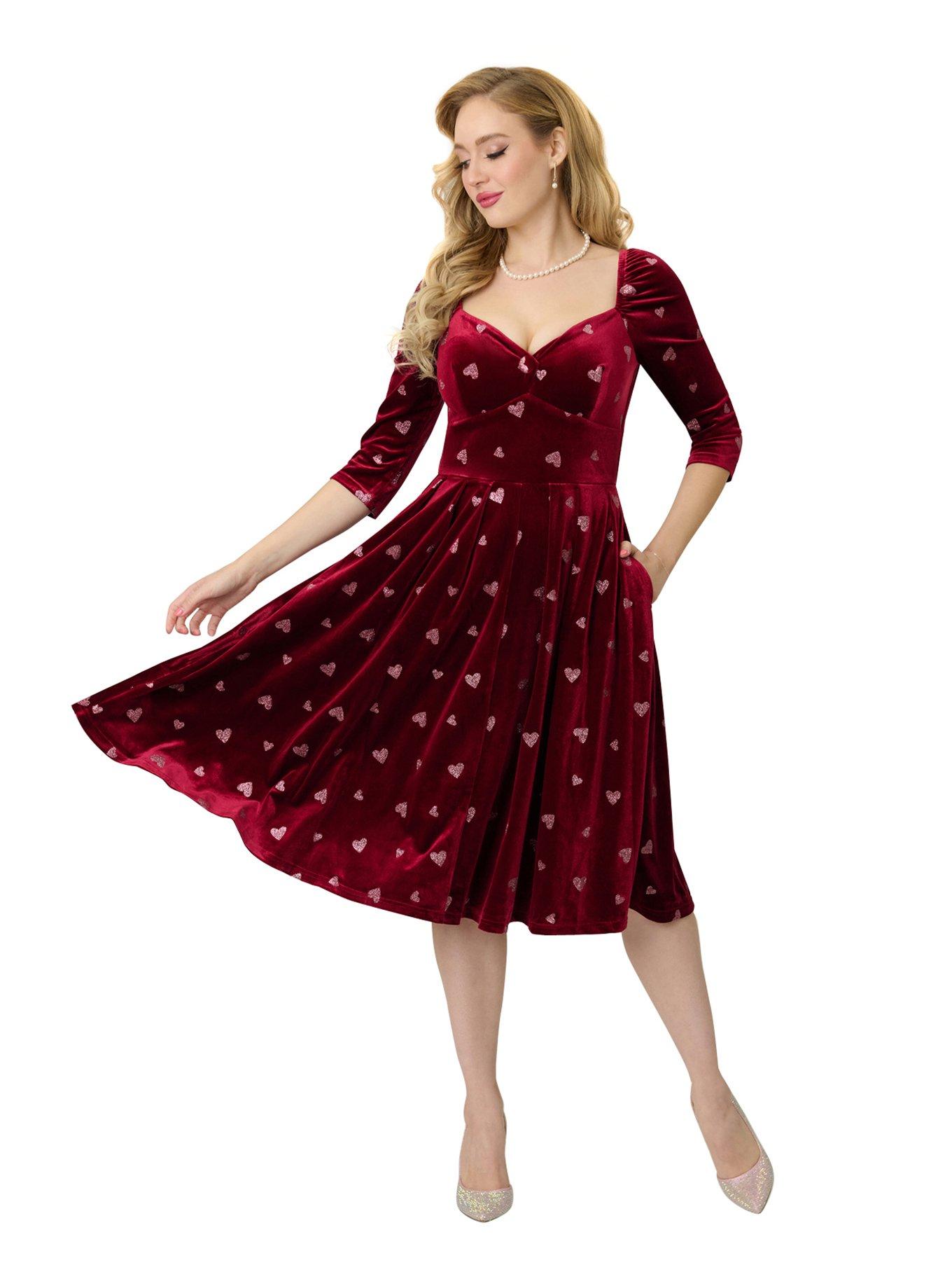 Unique Vintage Red & Pink Glitter Heart Velvet Lamar Swing Dress, , hi-res