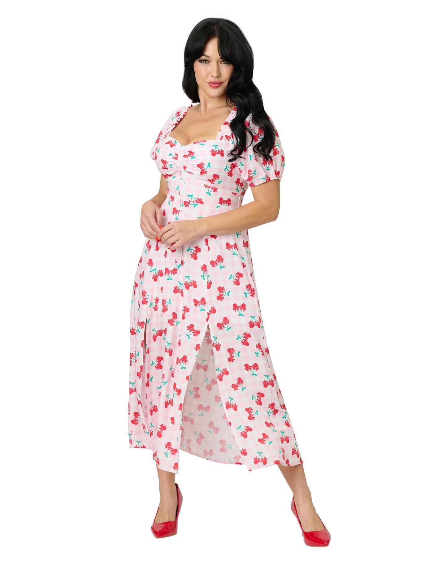 Disney Mickey & Friends Collection by Unique Vintage Pink & Minnie Cherries Midi Dress, , hi-res