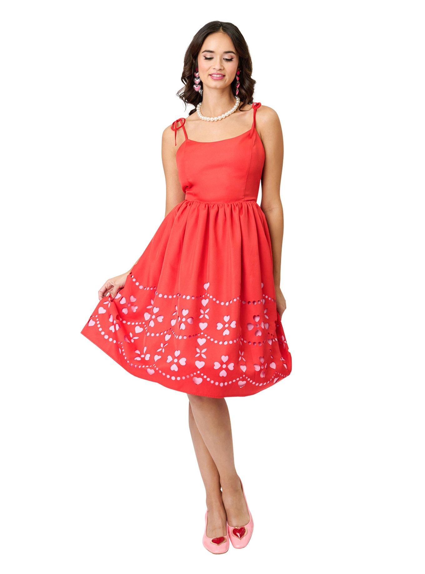 Unique Vintage Red & Pink Hearts Cutout Swing Dress, , hi-res