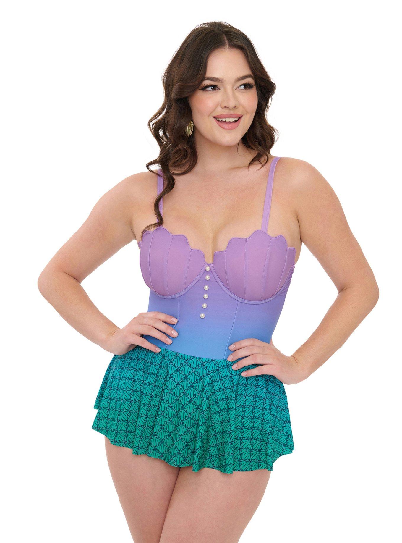 Disney Princess Collection by Unique Vintage Ombre Skirted One Piece Ariel Swimsuit, , hi-res