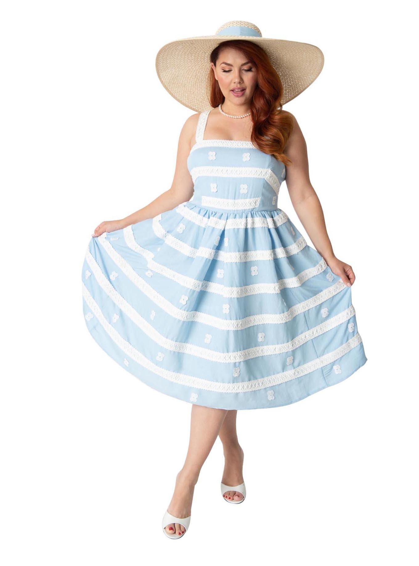 Barbie x Unique Vintage Plus Blue & White Suburban Shopper Sundress