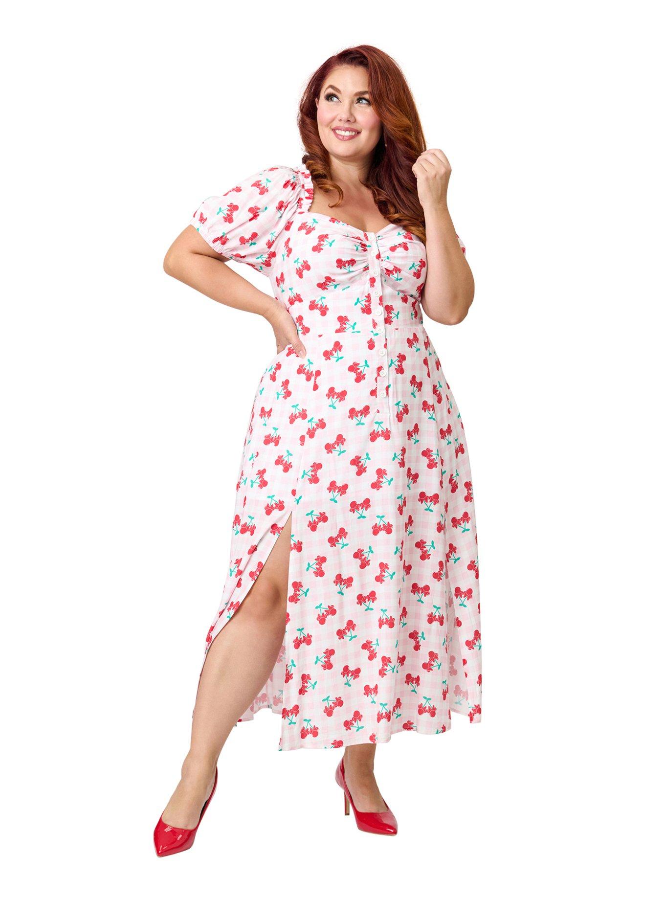 Disney Mickey & Friends Collection by Unique Vintage Plus Size Pink & Minnie Cherries Midi Dress, , hi-res