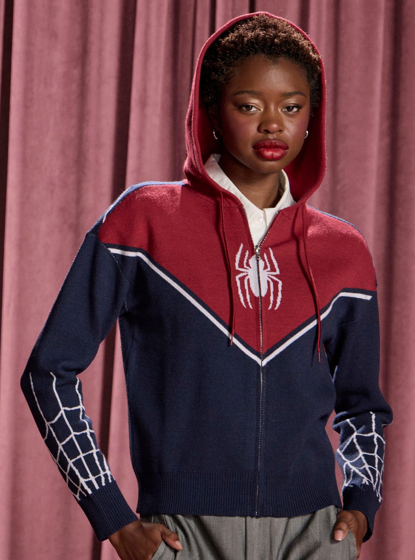 Her Universe Marvel Spider-Man Color Block Suit Knit Zippered Hoodie Her Universe Exclusive