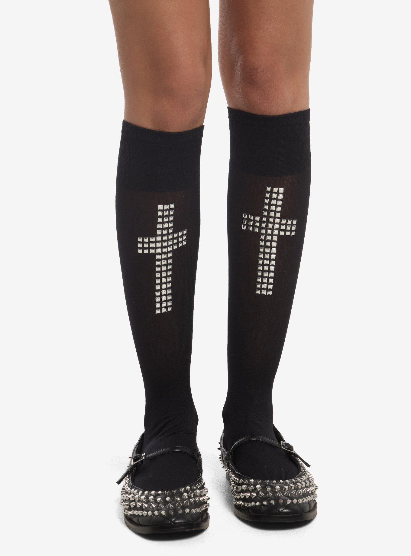 Black Stud Cross Knee-High Socks, , hi-res