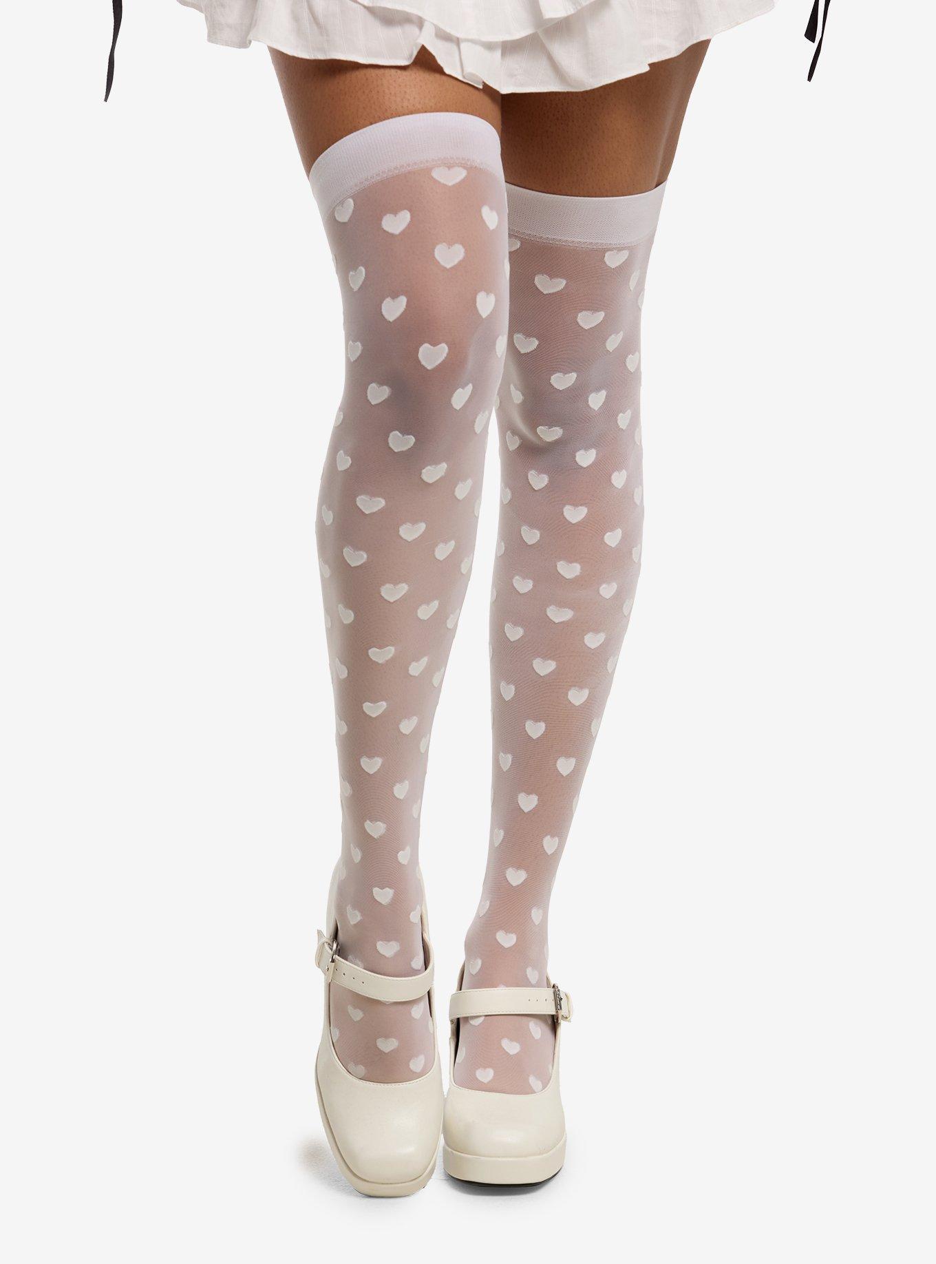 White Polka Dot Heart Sheer Thigh-Highs, , hi-res