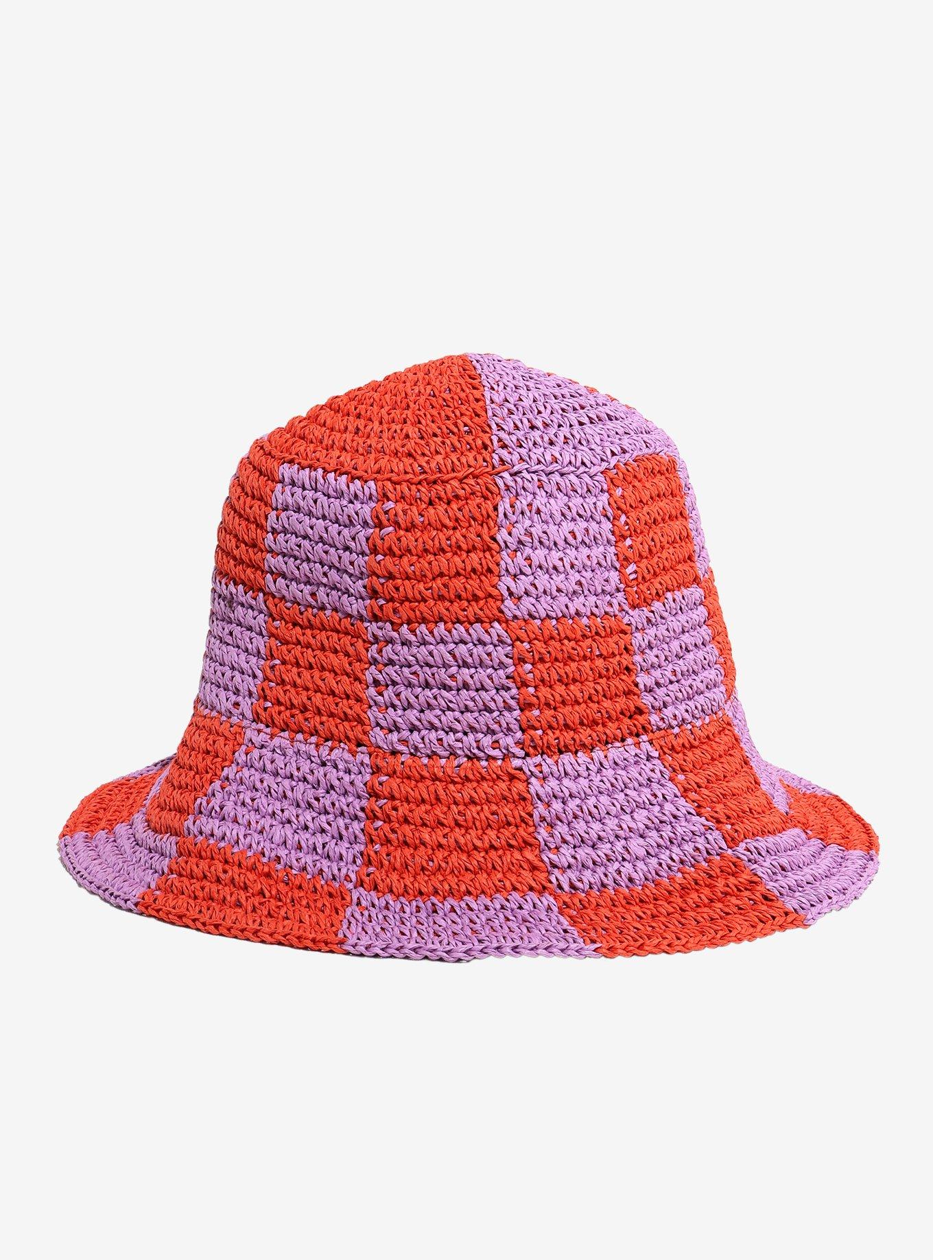 Orange & Lavender Checkered Woven Button Hat, , hi-res