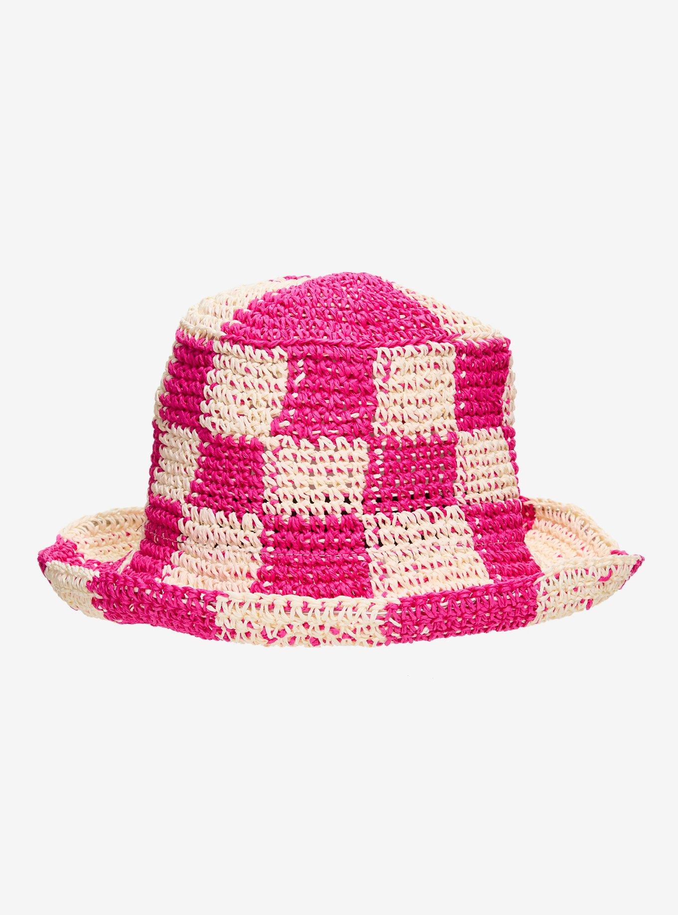 Cream & Fuchsia Checkered Woven Button Hat, , hi-res