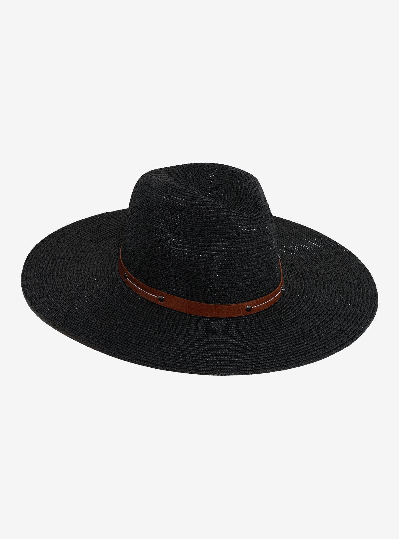 Black Wide Brim Straw Hat, , hi-res