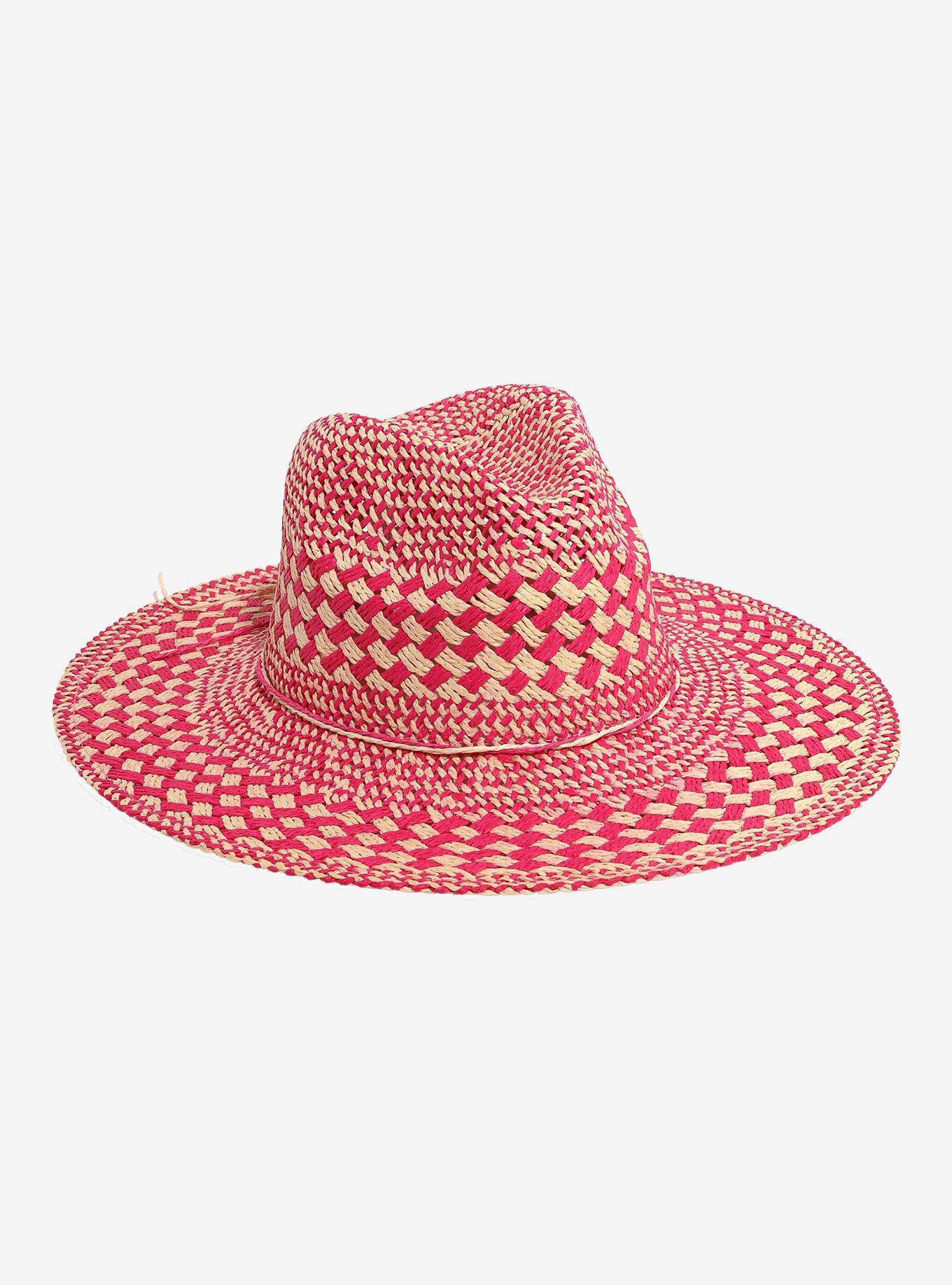 Pink Printed Wide Brim Straw Hat, , hi-res