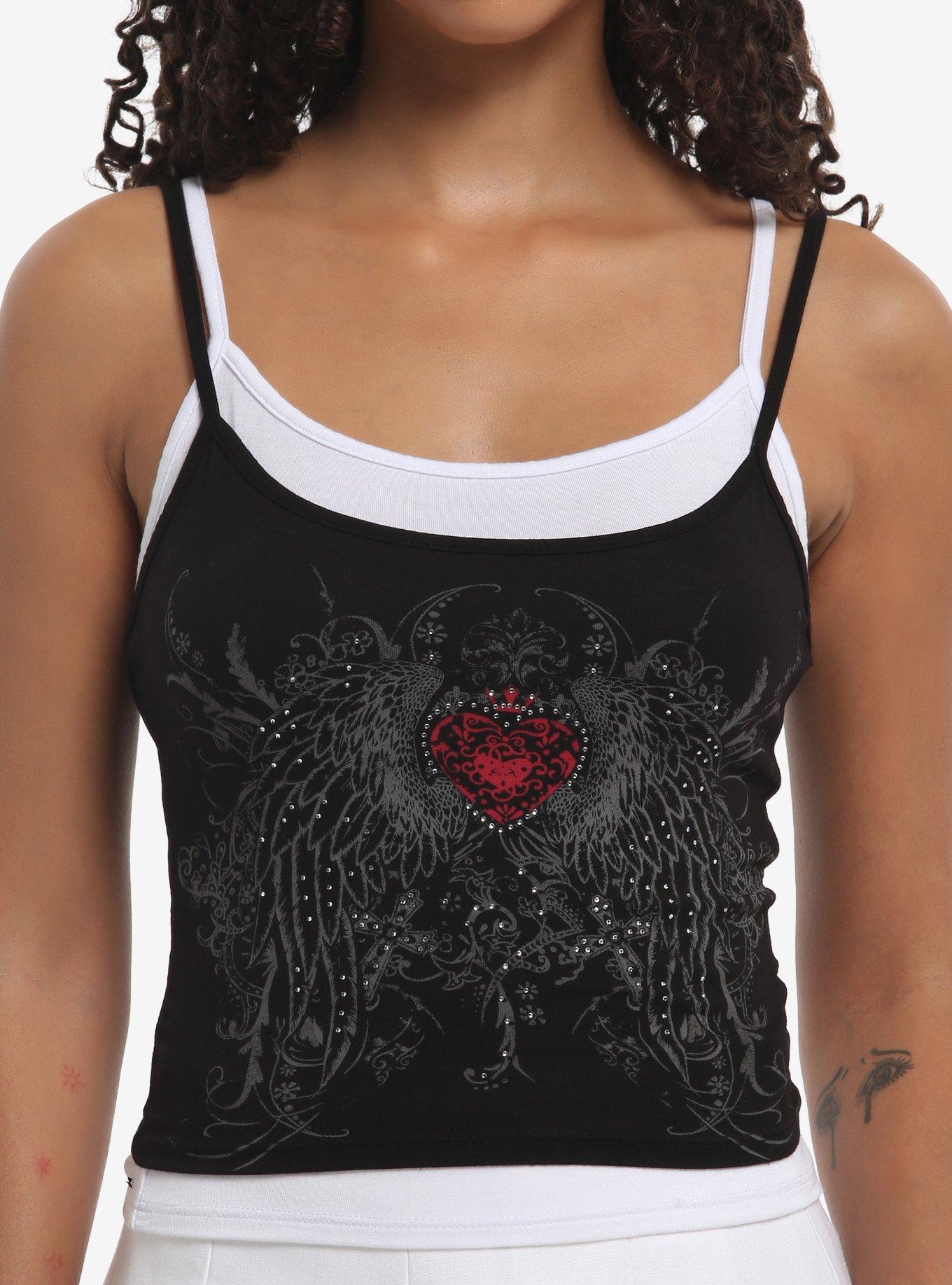 Social Collision Red Heart Filigree Rhinestone Layered Girls Crop Cami, , hi-res